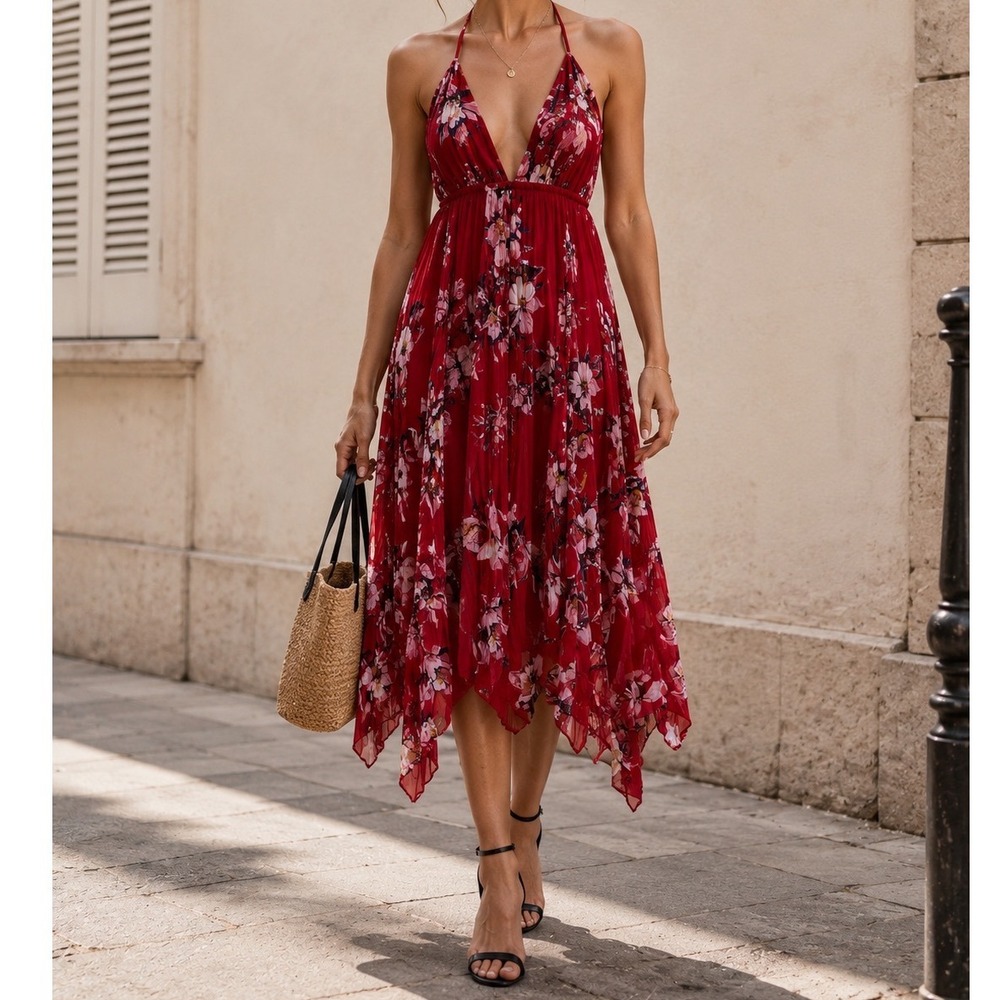 Alice + Olivia Red Floral Halter Maxi Dress Handkerchief Hem Pleated S